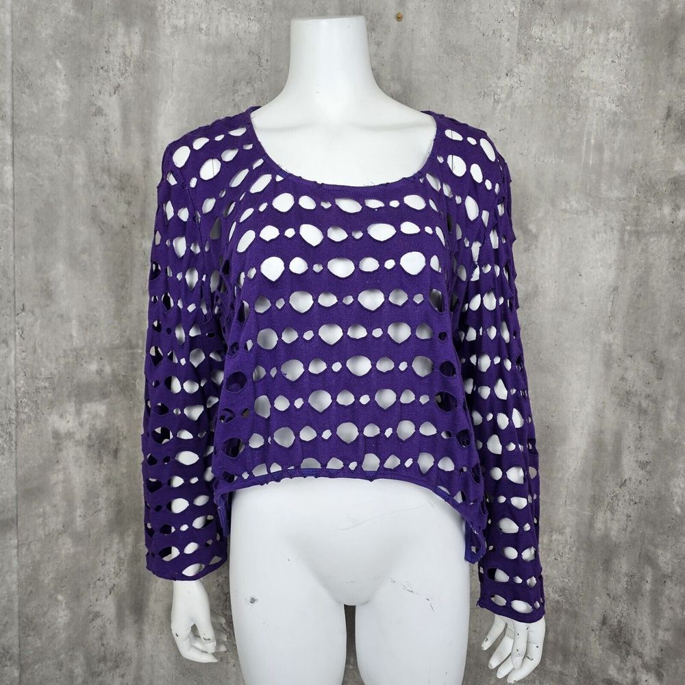 Vintage 80s 90s Wild Rose OS Purple‎ Hollow Out Eyelet Glam Rock Popover Top